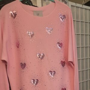 Sequinned heart embellished pink dolman sweater, NWT, Size L
